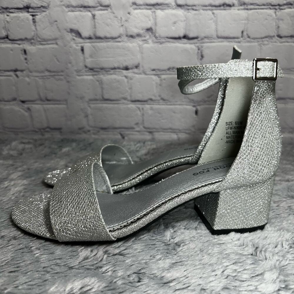 London Fog Nikki Silver Glitter Ankle Strap Block Heels 6.5M Bling Pumps Wedding